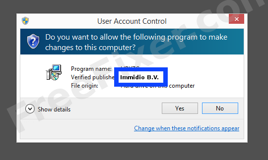 Screenshot where Immidio B.V. appears as the verified publisher in the UAC dialog